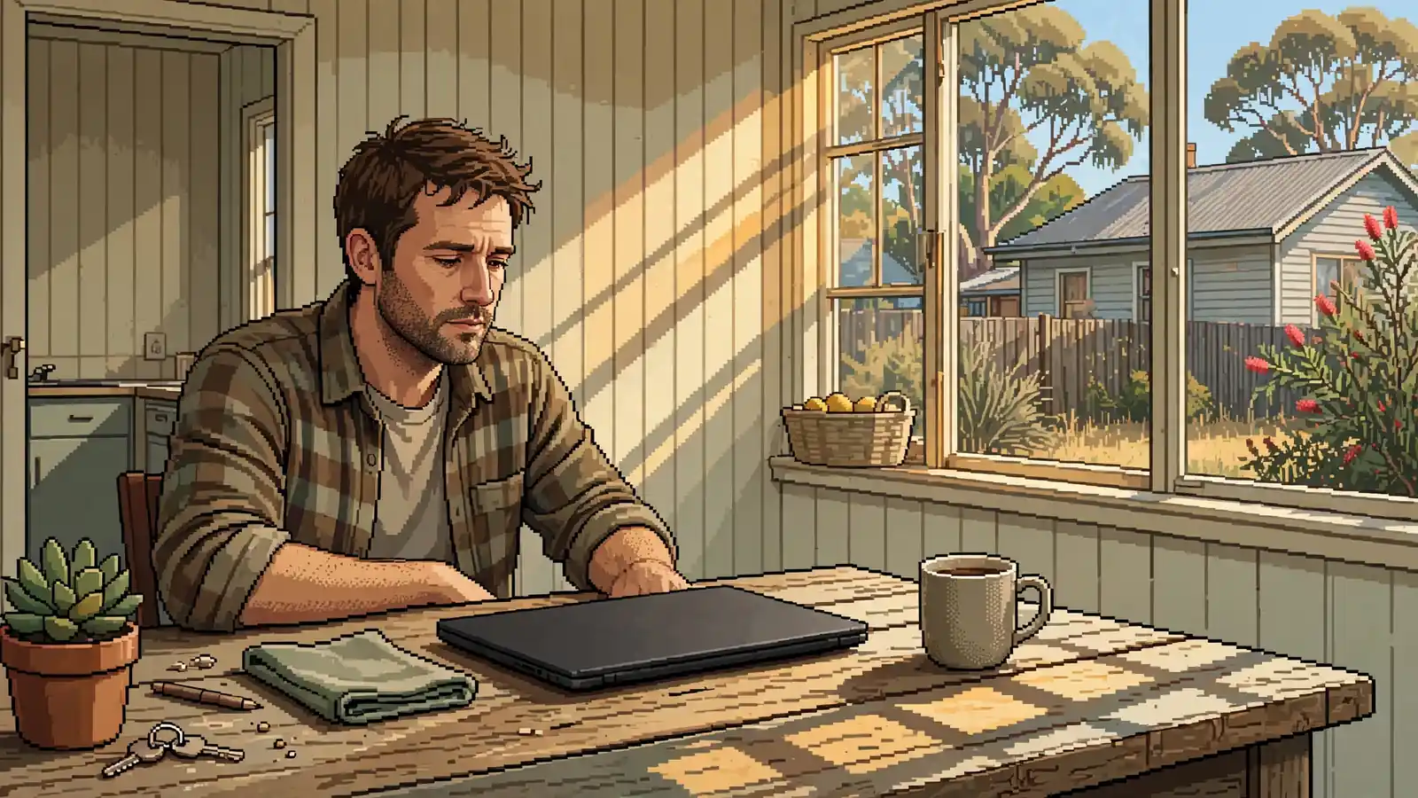Man at kitchen table considering a closed laptop