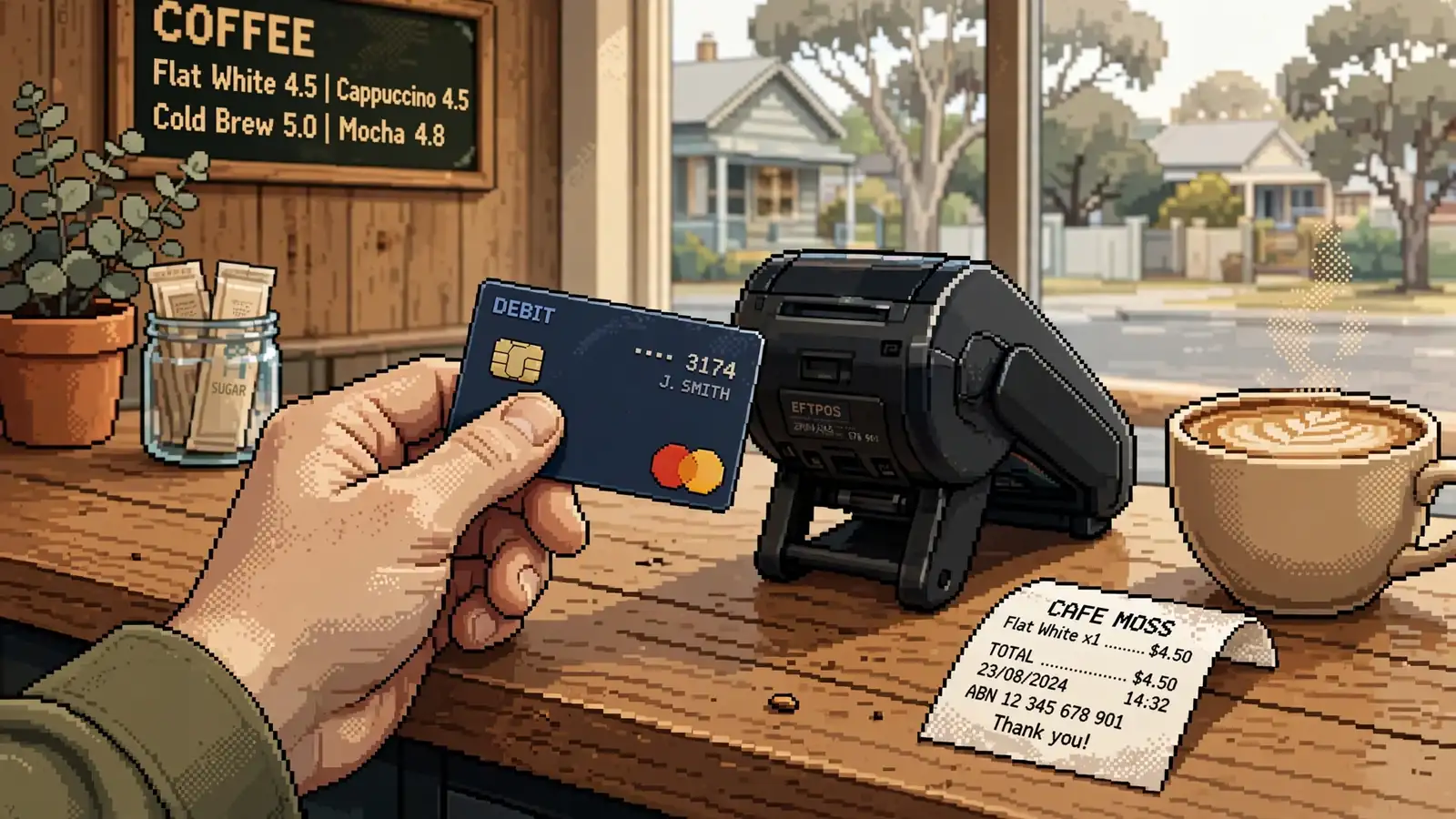 Hand holding card at a cafe payment terminal