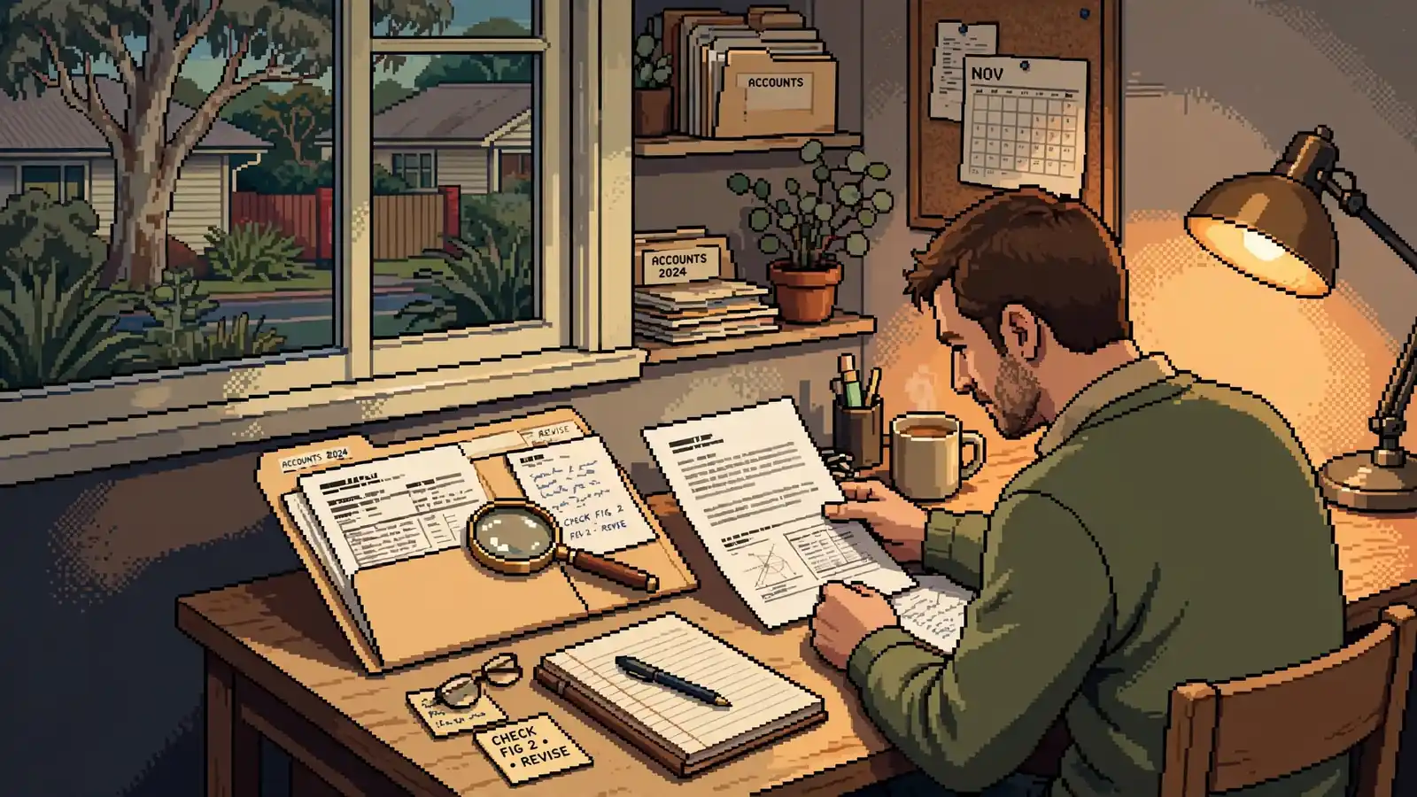 Person cross-checking printed documents with a folder and magnifier